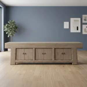 Meuble TV vintage en bois d'orme rustique à trois portes, console multimédia antique, meuble de rangement avec cadre robuste pour salon - Product Image 3