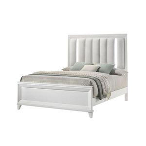 Set Letto King Size Contemporaneo 3 Pezzi con Luci LED, Testiera Imbottita e 2 Comodini in Legno Massello Finitura Bianca - Product Image 3