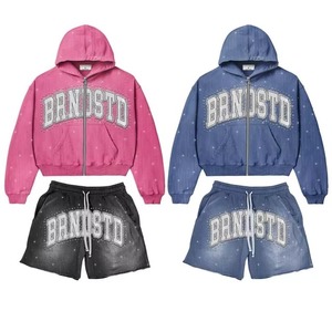 Ensemble survêtement rose à capuche zippé et short noir, imprimé pailleté, logo BRNOSTD, streetwear unisexe adulte, printemps, décontracté - Product Image 3