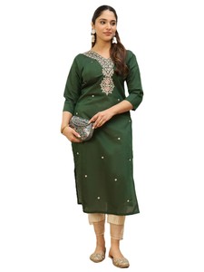 Women's Viscose Roman Silk Embroidered Neck Floral Motifs Regular Fit Regular Length Modern Indian Pakistani Casual Wear - Product Image 1