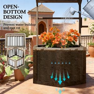 Fioriera a Forma di Pozzo dei Desideri in Legno Grigio Chiaro, Eleganti Vasi per Decorazioni da Esterno - Product Image 4