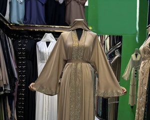 Wholesale Modest Dubai Beaded Sequined Long Sleeve Abaya Muslim Traditional Handmade Wedding Women Polyester Breathable V Neck - Product Image 1