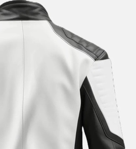 Men's White Black Leather Motorcycle <b>Jacket</b> Stand Collar <b>Zipper</b> Closure Moto Biker Style Autumn Wear - Product Image 4