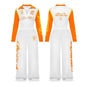 Chándal deportivo para mujer, negro y naranja, manga larga, cuello con botones, cintura elástica, corte regular, ropa de otoño - Product Image 2