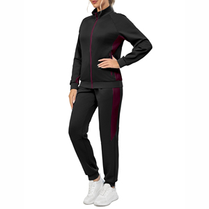 Ensemble de survêtement pour femme, couleur noir bordeaux, manches longues, fermeture éclair, col montant, style sportif, matière à séchage rapide, survêtement d'hiver - Product Image 5