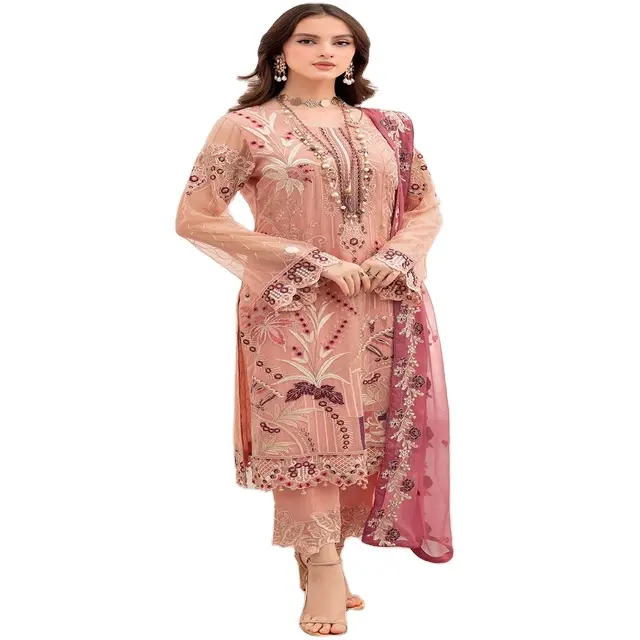 Pakaian pesta Shalwar kameez cocok untuk wanita di kain sifon kualitas tinggi dengan gaun bernapas bordir sangat halus