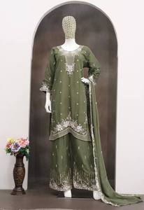 Conjunto de Salwar Kameez Sharara Bordado en Verde Oliva, Traje Pakistaní de Chifón con Dupatta para Bodas y Fiestas - Product Image 2
