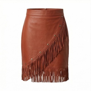 Women Faux Leather Asymmetrical <b>Mini</b> Skirt With Tassel Decoration High Waist Bohemian Style Autumn Wear - Product Image 1