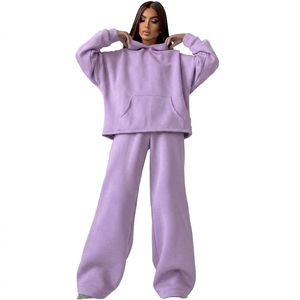 Conjunto de Sudadera con Capucha Larga de Forro Polar Lavanda para Mujer, Ajuste Holgado, Casual, de Dos Piezas, Sudadera y Pantalones de Color Sólido para Invierno - Product Image 2