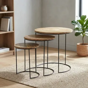 Ensemble de 3 tables gigognes modernes en fer et bois peintes, plateau rond en bois à motif damier, structure en métal noir, meubles de salon - Product Image 6