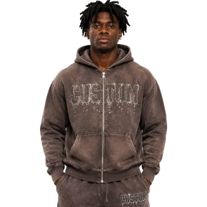 Sweat à capuche graphique zippé personnalisé pour homme, style streetwear, délavé à l'acide, avec strass, en molleton épais de haute qualité, vente en gros - Product Image 1