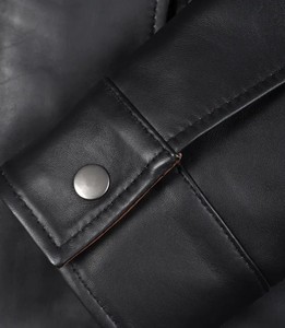 Veste d'hiver en cuir véritable pour femme, satinée, noire avec bordure marron, col rabattu, coupe ajustée, écologique, coupe-vent, pour moto - Product Image 6