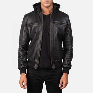 Blouson en cuir noir à capuche pour homme, style moto, fermeture éclair, coupe ajustée, vêtement d'automne, service OEM de haute qualité, blouson en cuir - Product Image 1