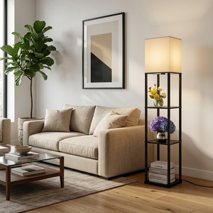 Minimalist Metal & Wood Floor <b>Lamp</b> with <b>Shelves</b> Geometric Pattern Shade Modern Style Standing Light Living Room Bedroom Office - Product Image 4
