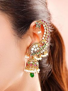 Pendientes de Lujo con Baño de Oro y Certificación Kundan, Estilo Jhumka, para Mujer, Joyería Nupcial India, con Perlas de Pavo Real, Estilo Étnico - Product Image 5