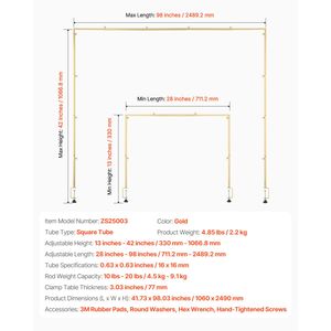Supporto ad arco da tavolo in metallo regolabile da 33-107 cm (altezza) e 71-249 cm (lunghezza) con morsetti per palloncini da matrimonio - Product Image 5
