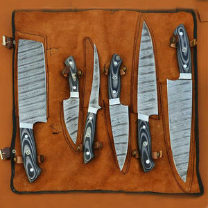 Damascus Steel Durable 6-Piece <b>Knife</b> Wood Handle Polished <b>Sharp</b> Serrated Edge Right-Hand Kitchen <b>Knives</b> With Leather Roll Kit - Product Image 5