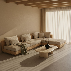 Ensemble de canapés de jardin en teck de luxe en forme de L avec chaise longue - Product Image 1