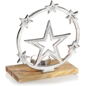 Aluminum Star <b>Tea</b> <b>Light</b> Holder with Silver Star Motif <b>Christmas</b> Candle Holder with Wooden Base <b>Christmas</b> Decoration Star - Product Image 1