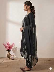 Women Black CHINNONSILK Salwar Kameez With Embroidered Dupatta Traditional Casual Wear India Pakistan Style Ankle Length Regular - Product Image 2