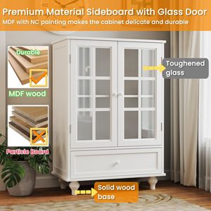 Buffet moderne minimaliste en bois blanc avec portes vitrées doubles et tiroir pour salon - Product Image 4