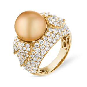Luxury Women's 18K Solid <b>Gold</b> <b>Cocktail</b> <b>Ring</b> With Seawater Pearl And Round Brilliant Cut Diamond - Product Image 1