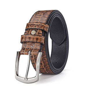 Ceinture en cuir à motif crocodile marron avec boucle à ardillon en acier, style formel - Product Image 1