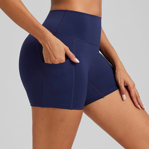 Women's High Waist Navy Blue Seamless <b>Yoga</b> <b>Shorts</b> with Pockets Tummy Control Athletic Gym Workout <b>Shorts</b> - Product Image 2