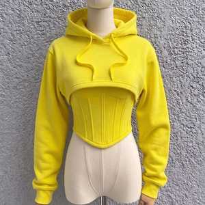 Women's <b>Black</b> Cropped Hooded Sweatshirt Long Sleeve Solid Color <b>Corset</b> Style Drawstring Knitted Terry Summer Wear 100% Cotton - Product Image 1