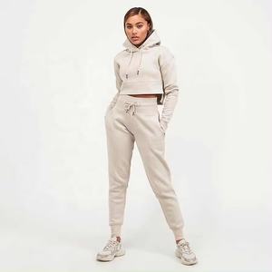 Custom Logo Women Cropped <b>Hoodie</b> And Pant Pullover <b>Hoodie</b> Solid Color Long Sleeve Women Tracksuit Crop Top With <b>Strings</b> <b>Hoodie</b> - Product Image 2