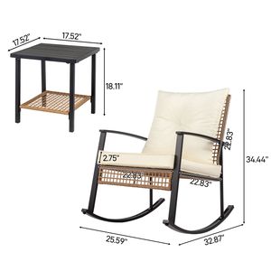 Ensemble trois pièces en rotin PE pour patio, jaune clair et blanc, comprenant 1 table d'appoint et 2 fauteuils à bascule avec dossier tressé finement - Product Image 4