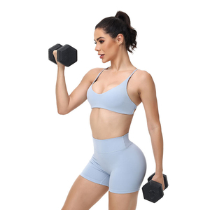 Conjunto de Yoga Azul Claro, Top Corto con Tirantes Finos y Cuello Redondo, Pantalones Cortos de Cintura Alta, Ropa Deportiva Transpirable sin Costuras de 2 Piezas - Product Image 2