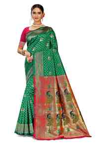 Fancy Stylish Soft Green Silk Saree with Peacock Embroidery <b>Red</b> Border and <b>Blouse</b> Piece for Wedding Party Festival Wear - Product Image 2