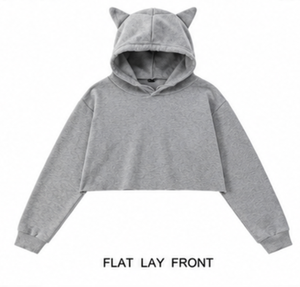 Women Autumn Printed Grey Cropped Hoodie Cute <b>Ear</b> Detail Sweatshirt Breathable Lined Soft Cotton Pullover Short Length - Product Image 2