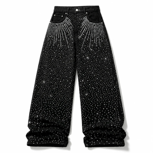 Jean en denim taille haute à jambe large, orné de paillettes, coupe ample, style streetwear, pantalon en coton noir, idéal pour l'automne - Product Image 1