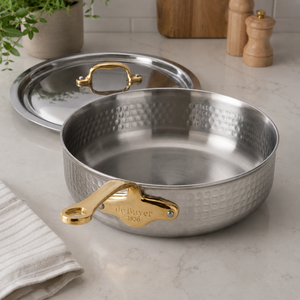 Hammered Stainless Steel Cooking <b>Pan</b> <b>With</b> Brass Handle <b>Lid</b> Luxury Kitchen Cookware Saucepan Wholesale Supplier India OEM Custom - Product Image 3