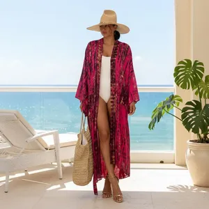 Robe kimono bohème rose tie-dye pour femme, longue, tenue de plage, tenue de vacances, tenue de resort - Product Image 3