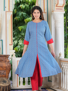 Womens Blue Rayon Geometric Printed A Line Kurta With Round Neck <b>Three</b> Fourth Sleeves Designed For Global Ethnic Casual Wear - Product Image 3
