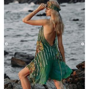Robe longue d'été bohème verte unie brodée sans manches, dos nu, coupe classique, taille naturelle, 100 % coton, haute qualité - Product Image 2