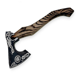 Hacha Vikinga Hecha a Mano con Funda de Cuero, Hoja de Acero Forjado, Mango de Madera Personalizable, Herramienta Táctica para Camping - Product Image 1