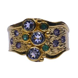 Anillo de Plata de Ley 925 Chapado en Oro Vintage con Piedras Preciosas de Topacio Azul, Topacio Blanco y Esmeralda Hechas a Mano con Bajo MOQ para Mujer - Product Image 5