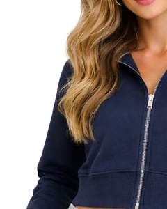 Sudadera Corta con Cremallera para Mujer, Manga Larga, Informal, de Felpa Suave, Estilo Urbano, Color Azul Marino, Moda Otoño Invierno - Product Image 5