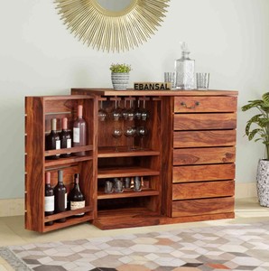 Teak Wood <b>Bar</b> <b>Cabinet</b> with Wine Storage and Glass Rack Freestanding Console for Modern Home Use - Product Image 1