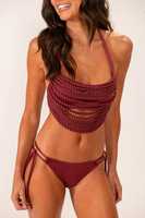 Ensemble bikini halter en corde macramé Olive, deux pièces, avec haut halter tressé à la main Sedona et bas de maillot tie-side coupe coquine, en cordon texturé couleur sauge