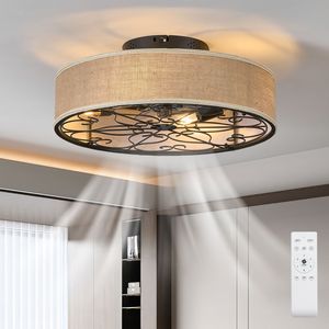 Ventilatore da soffitto LED da 20 pollici a basso profilo in tessuto, stile rustico, senza pale, con gabbia, a incasso, con telecomando incluso - Product Image 1