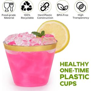 Confezione Premium da 100 Bicchieri Monouso da 9 oz con Bordo Dorato, in Plastica Trasparente di Grado Alimentare per Cocktail e Bevande - Product Image 3