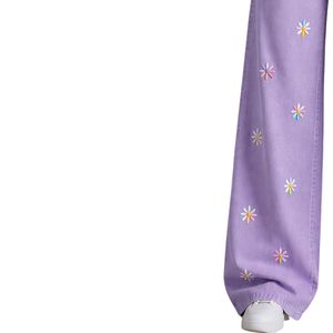 Vaqueros anchos de mujer morados lavanda con bordado floral, cintura alta, ajuste holgado, estilo baggy, pantalones de mezclilla informales, ropa de calle, OEM personalizado - Product Image 3