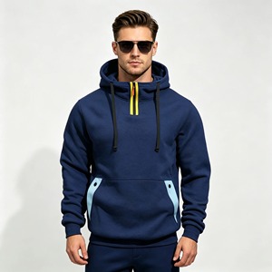 <b>Men's</b> Hooded <b>Sweatshirt</b> <b>Black</b> With Light Blue Pocket Panels Regular Fit Casual Autumn Wear 100% Polyester French Terry 2027 - Product Image 2