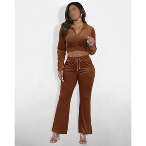 Conjunto de sudadera corta de terciopelo y pantalones jogger para mujer, con cremallera completa, manga larga, color sólido, ropa informal para estar en casa, chándal de dos piezas - Product Image 3