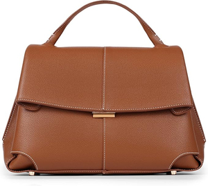 Bolso de Mano de Cuero Genuino para Mujer, Cierre de Solapa, Textura Saffiano Clásica, Dos Asas, Uso Diario, Elegante Bolso Marrón - Product Image 1